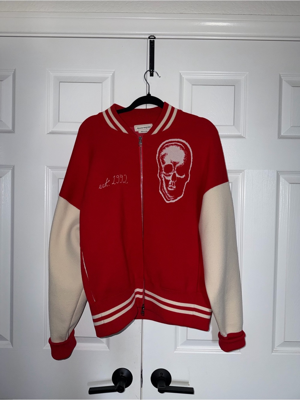 Alexander McQueen Red and Cream Skull Varsity Bomber Jacket